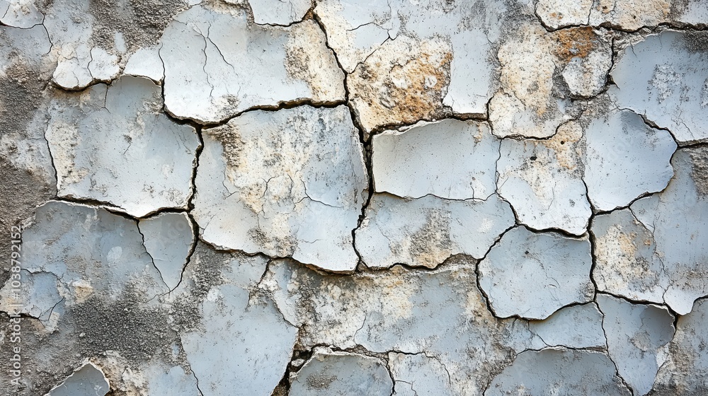 Obraz premium Cracked and peeling wall texture, showcasing layers of paint and aged surface, perfect for backgrounds or design projects.