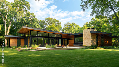 minimalist Mid Century Modern house featuring blend of natural materials and large windows, surrounded by lush greenery and spacious patio area