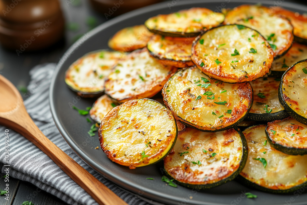 Crispy Air Fryer Zucchini Slices on a Plate Crispy Air Fryer Zucchini Slices on a Plate