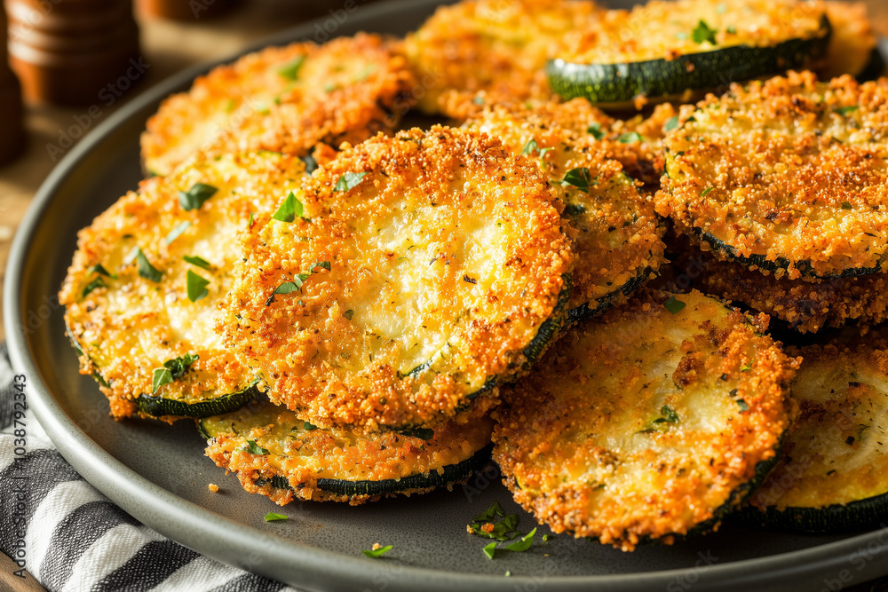 Crispy Air Fryer Zucchini Slices on a Plate Crispy Air Fryer Zucchini Slices on a Plate
