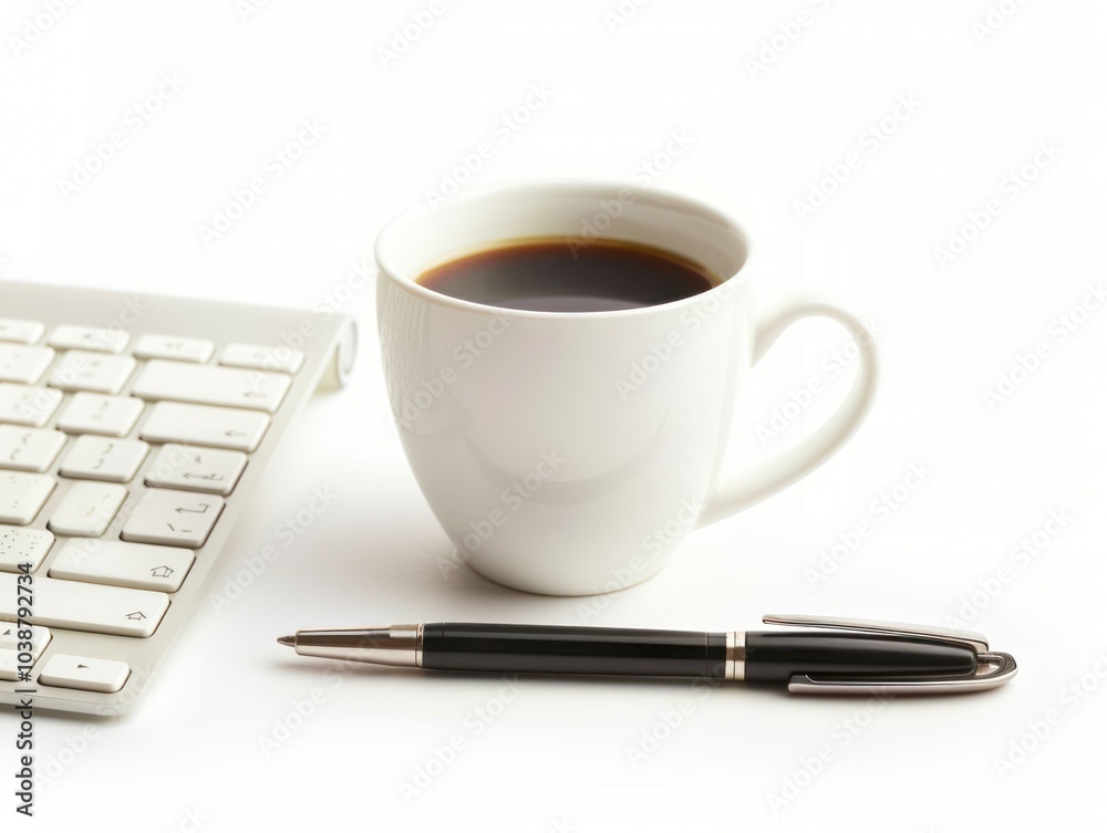 A stylish work desk setup with a keyboard, a pen, and a coffee mug isolated on a white background A stylish work desk setup with a keyboard, a pen, and a coffee mug isolated on a white background