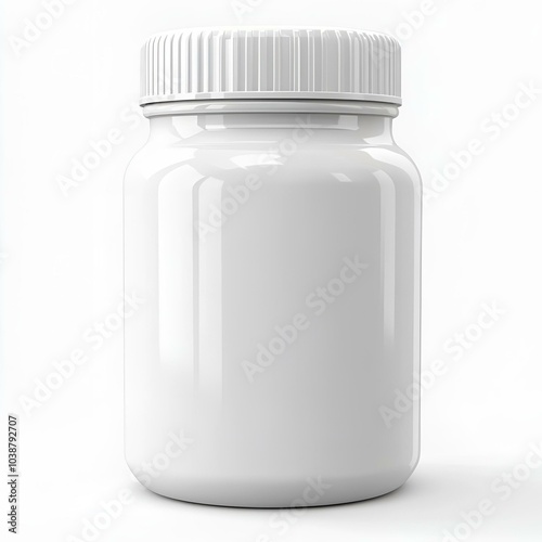 White plastic pill container on white background.