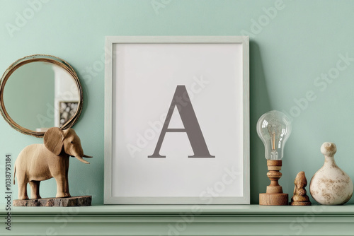 stylish interior display featuring framed letter on mint green wall. arrangement includes decorative elements like elephant figurine, round mirror, and vintage light bulb, creating cozy atmosphere photo