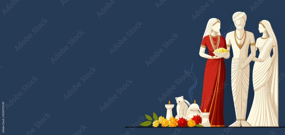 Fototapeta premium Illustration of a Hindu wedding altar with deities, surrounded by flowers, incense, and candles, representing spiritual blessings