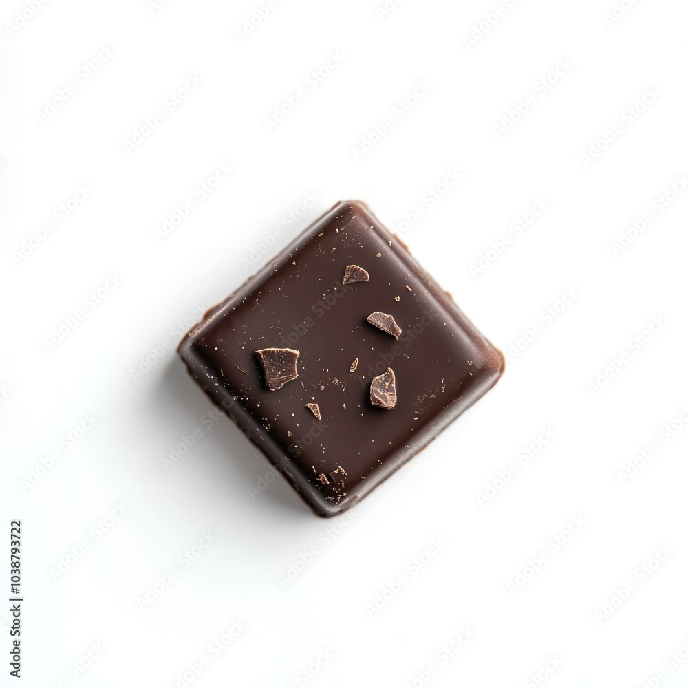 Single square of dark chocolate on white surface. Single square of dark chocolate on white surface.