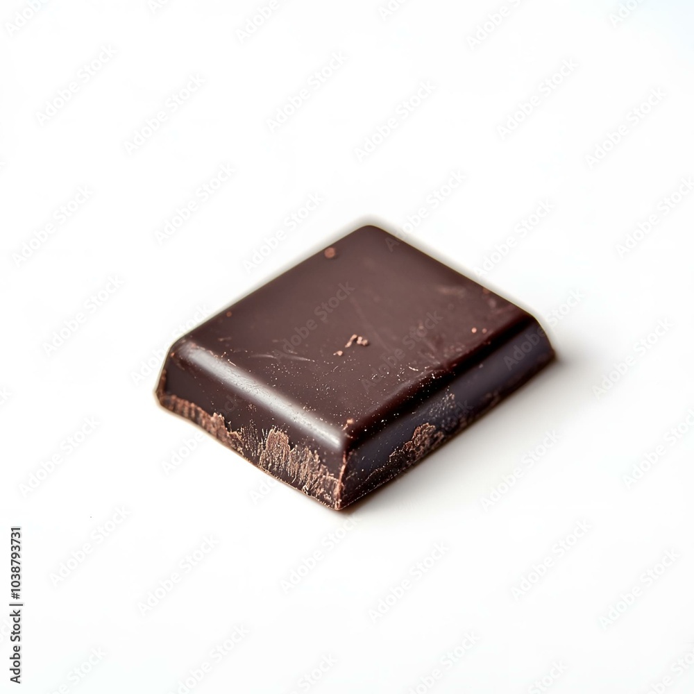 Single square of dark chocolate on white surface. Single square of dark chocolate on white surface.