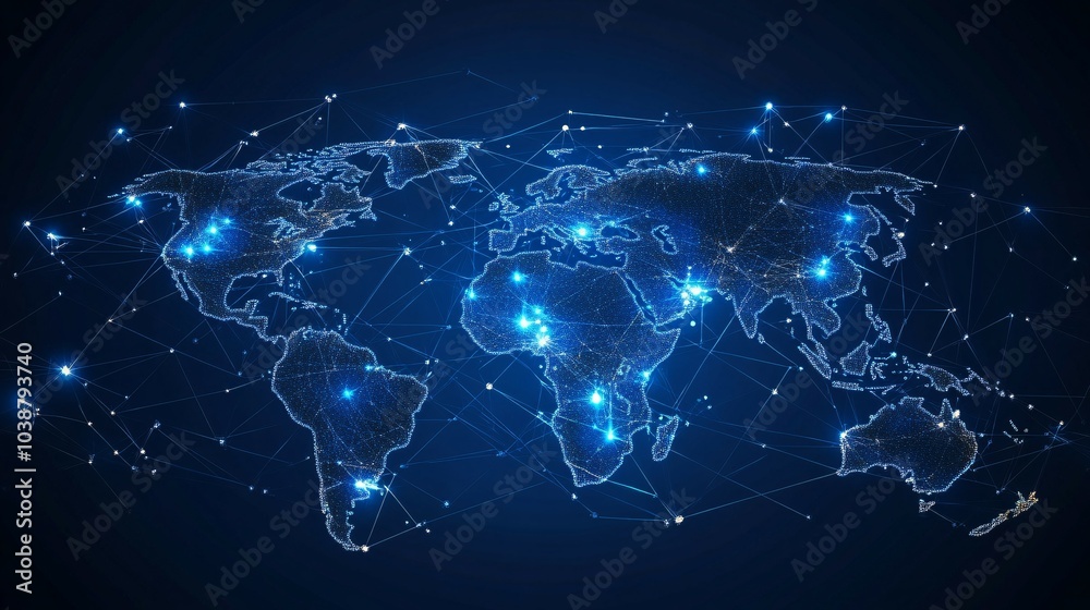 A World Map of Connected Dots and Lines with Bright Lights A World Map of Connected Dots and Lines with Bright Lights