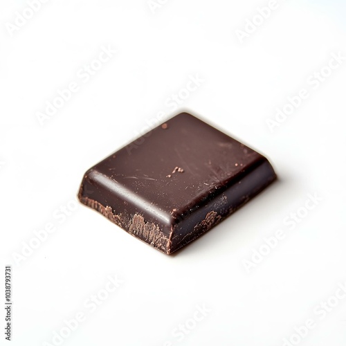  Single square of dark chocolate on white surface.