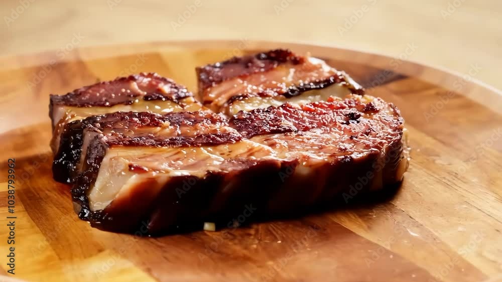 Juicy grilled steak on wooden board glows in warm light