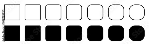 Squares set with rounded borders and corners in various styles flat and outline, geometric shapes and frames isolated