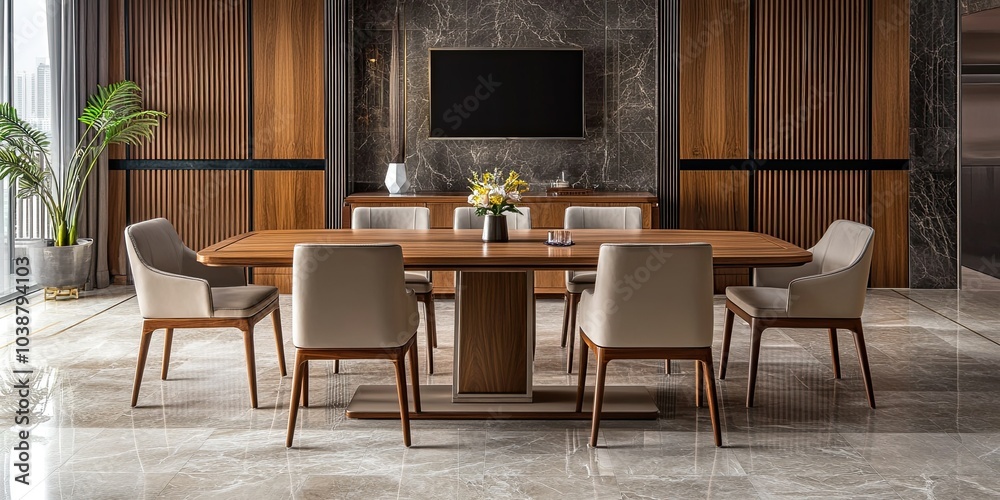 modern wooden dining table set and chairs in stylish light brown and grey room with elegant panels wall and marble floor modern wooden dining table set and chairs in stylish light brown and grey room with elegant panels wall and marble floor