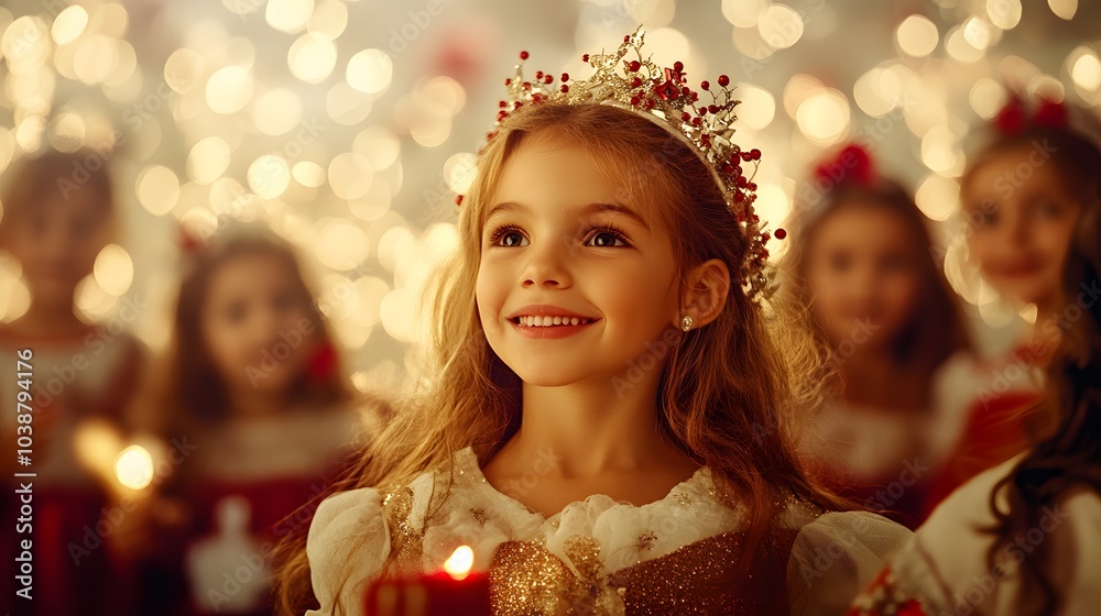 a warm and joyful Christmas party image. In the center of the picture is a little girl wearing a princess dress. Her costume is rich in details, and the lighting is warm yellow to simulate warm indoor a warm and joyful Christmas party image. In the center of the picture is a little girl wearing a princess dress. Her costume is rich in details, and the lighting is warm yellow to simulate warm indoor