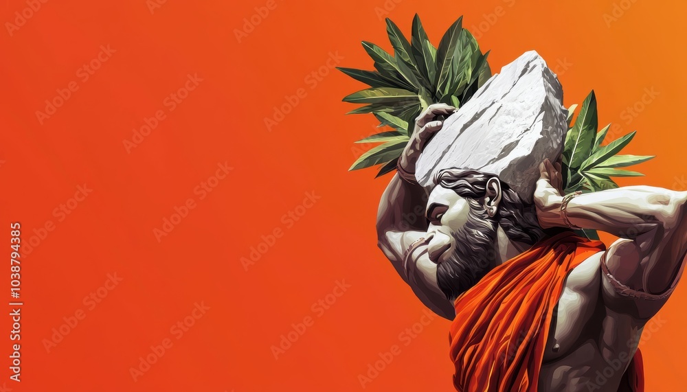 Fototapeta premium Illustration of Hanuman carrying a mountain, with vibrant colors and details showing his strength and devotion