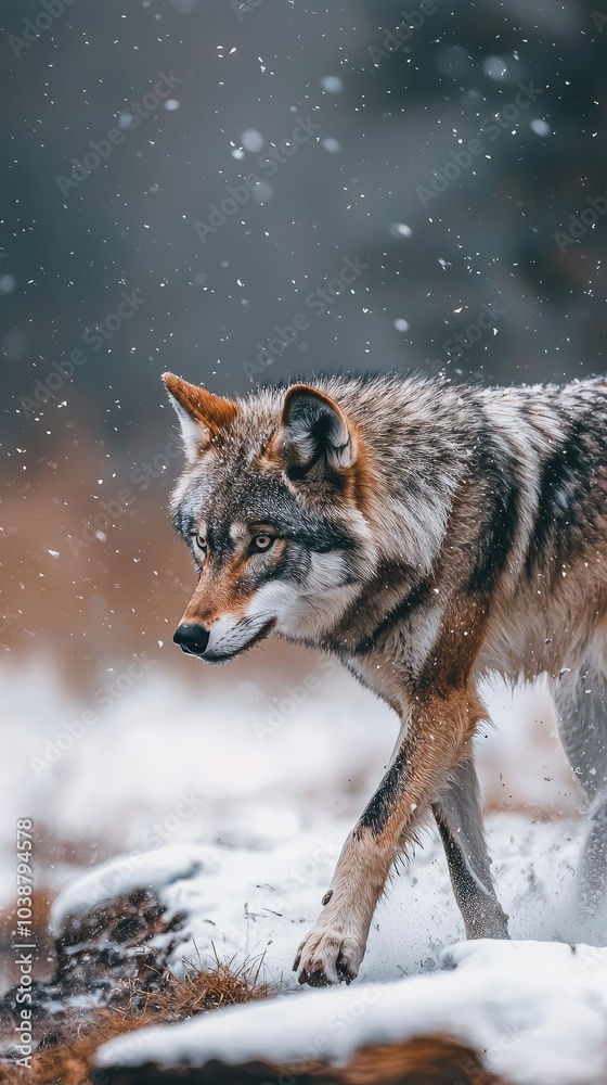 Fototapeta premium Lone Wolf Journeying Through a Snowstorm