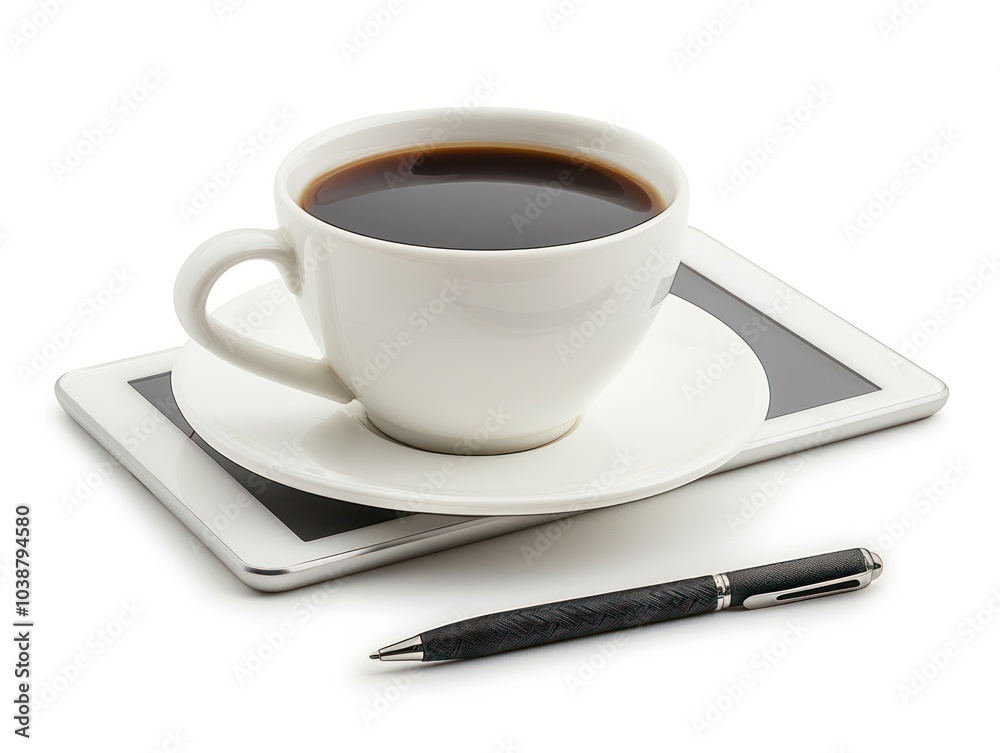 A stylish work desk setup with a tablet, a pen, and a coffee cup isolated on a white background A stylish work desk setup with a tablet, a pen, and a coffee cup isolated on a white background