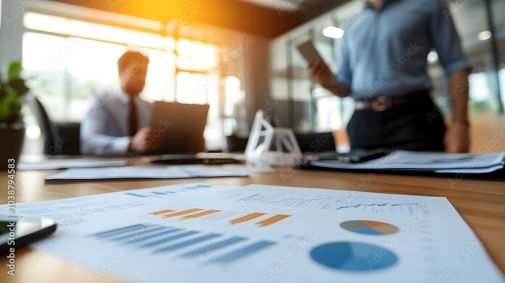 A Close-Up of Financial Charts and Graphs on a Table with Blurred Businessmen in the Background A Close-Up of Financial Charts and Graphs on a Table with Blurred Businessmen in the Background