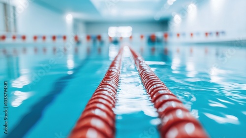 A swimming pool's lane rope with a focus on the floating segments and water ripples, indoor setting with bright lighting, Smooth style photo