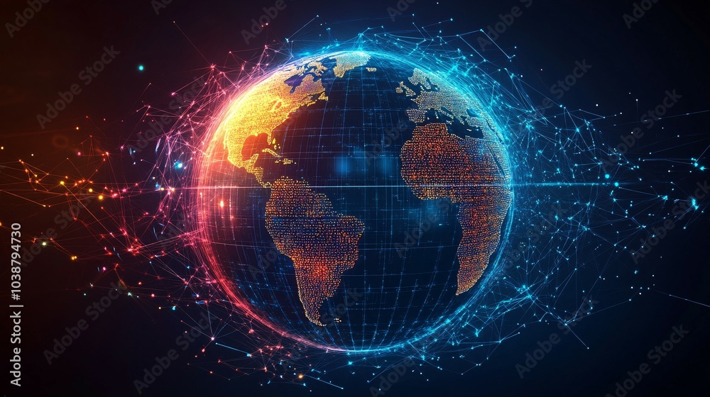 A glowing digital representation of Earth with a network of lines and dots. A glowing digital representation of Earth with a network of lines and dots.