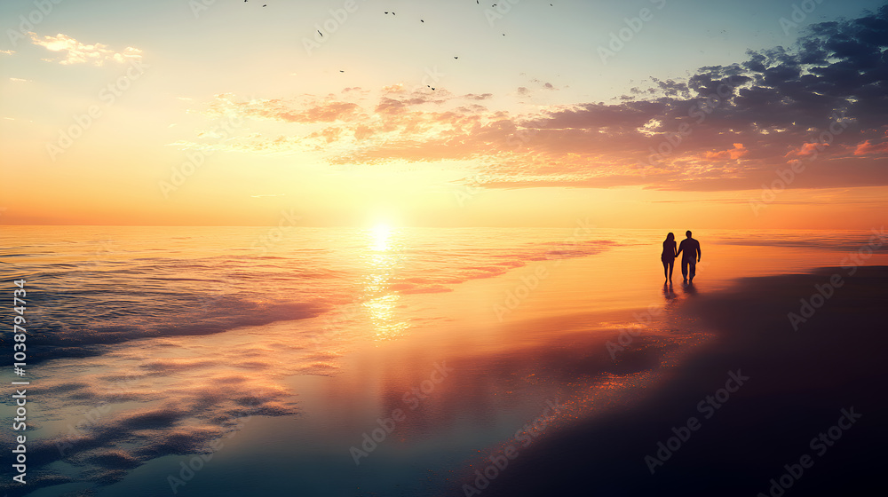 Fototapeta premium Tranquil walk on the beach with warm sunset hues, capturing peaceful togetherness