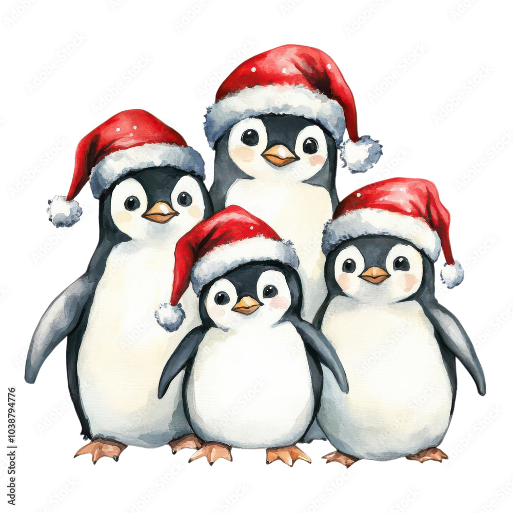 Naklejka premium A family of penguins wearing Santa hats, watercolor illustration, playful and cute, isolated on white background