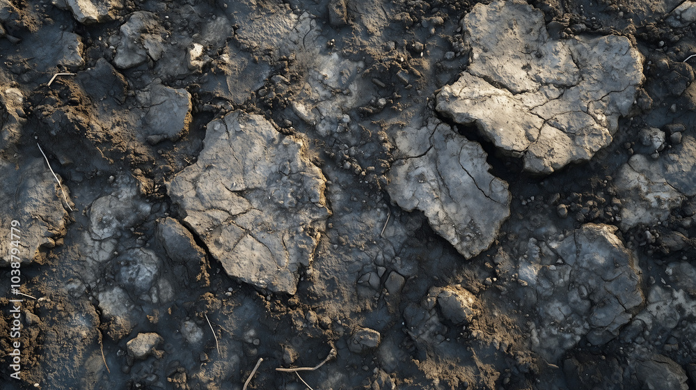 Cracked dry earth reveals the effects of drought in a barren landscape during late summer near an agricultural area Cracked dry earth reveals the effects of drought in a barren landscape during late summer near an agricultural area