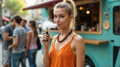 Woman with blond hair in a ponytail, wearing an orange tank top, poses on street with vape in hand. 