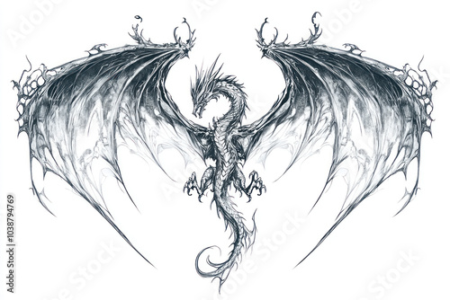 Black and white dragon with a large, long tail in flight against a clear blue sky, its wings outspread and eyes focused forward.