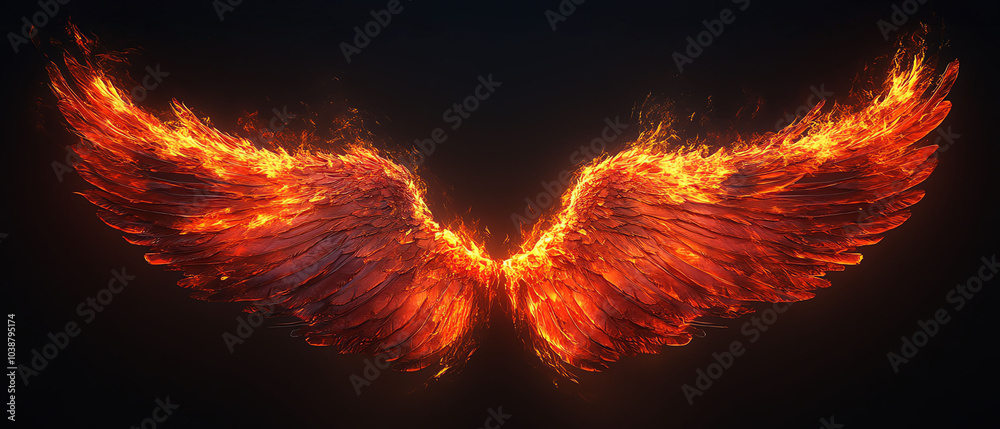 Fototapeta premium Stunning fiery wings illuminated against a dark background, symbolizing freedom, power, and transformation with vibrant flames.