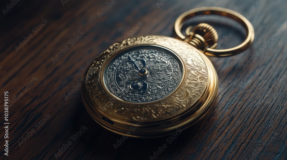 Fototapeta premium A golden pocket watch with silver engravings, lying open on a dark wooden surface.