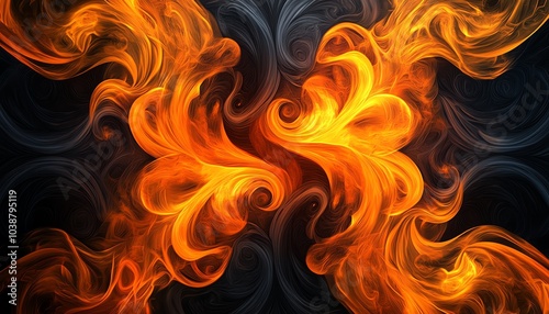 Vibrant swirls of orange and red flames on a dark background create a captivating, mesmerizing abstract art piece.