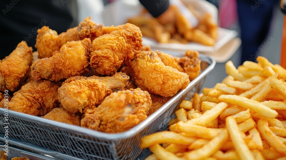 A basket of crispy fried chicken wings alongside golden French fries. A basket of crispy fried chicken wings alongside golden French fries.