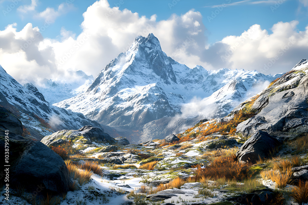 Obraz premium Snow-capped mountain peak with rocky terrain and autumn vegetation, under blue sky