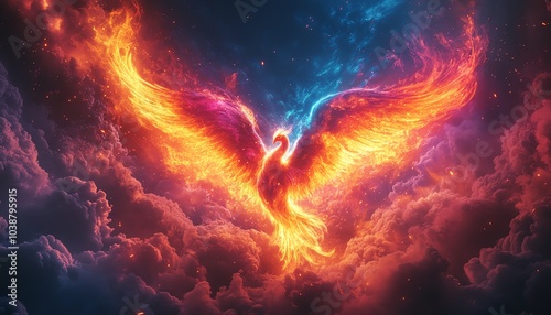 A vibrant phoenix rises amidst colorful clouds, symbolizing renewal, transformation, and the beauty of fire and light.