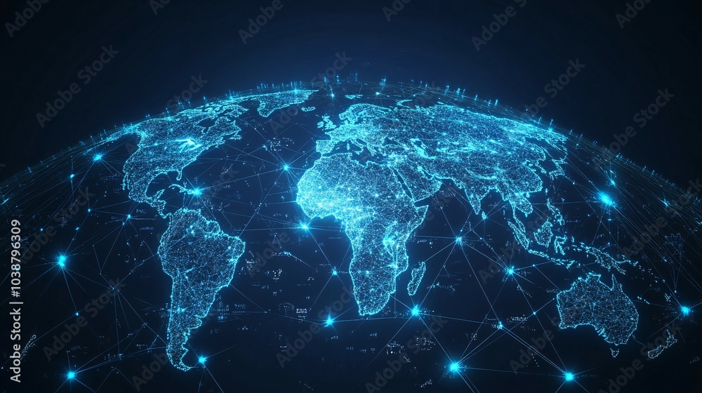 A digital representation of the world, depicted as a glowing blue network of interconnected nodes. A digital representation of the world, depicted as a glowing blue network of interconnected nodes.