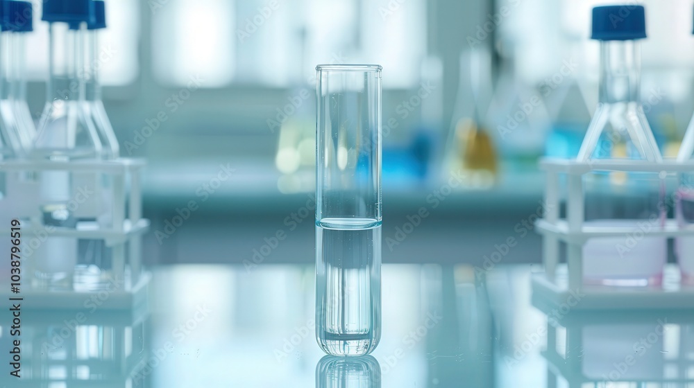 Test Tube Analysis in High-Tech Research Lab, showcasing clear liquid in a test tube surrounded by advanced lab equipment for chemical analysis and experimentation. Test Tube Analysis in High-Tech Research Lab, showcasing clear liquid in a test tube surrounded by advanced lab equipment for chemical analysis and experimentation.