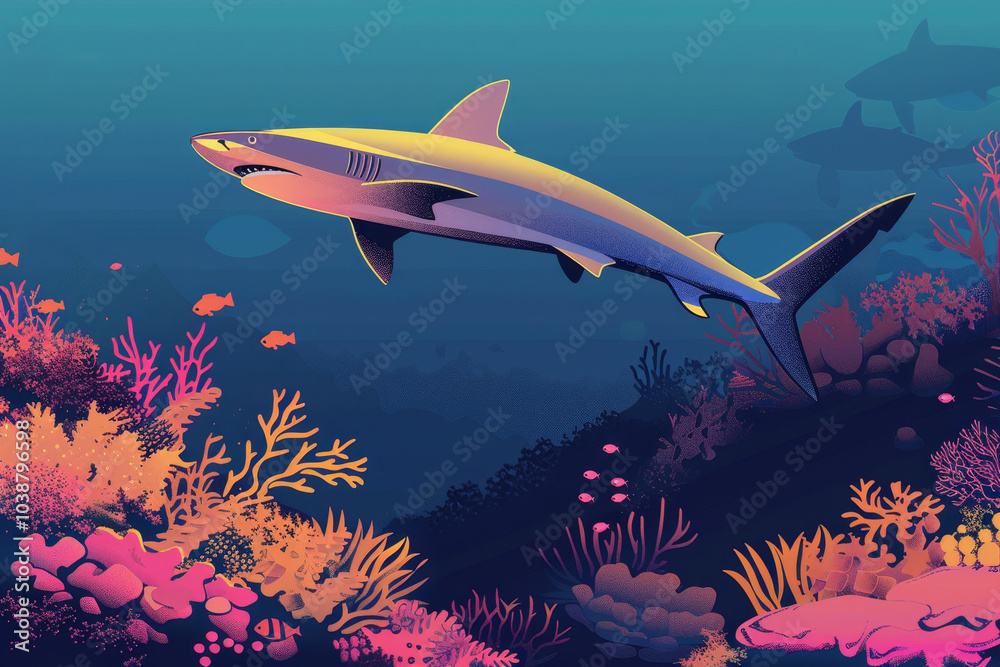 Obraz premium A shark glides through a lively coral reef, surrounded by a variety of colorful corals and small fish beneath the calm blue ocean surface