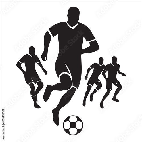 Running footballer with dribbling ball to shoot silhouette.