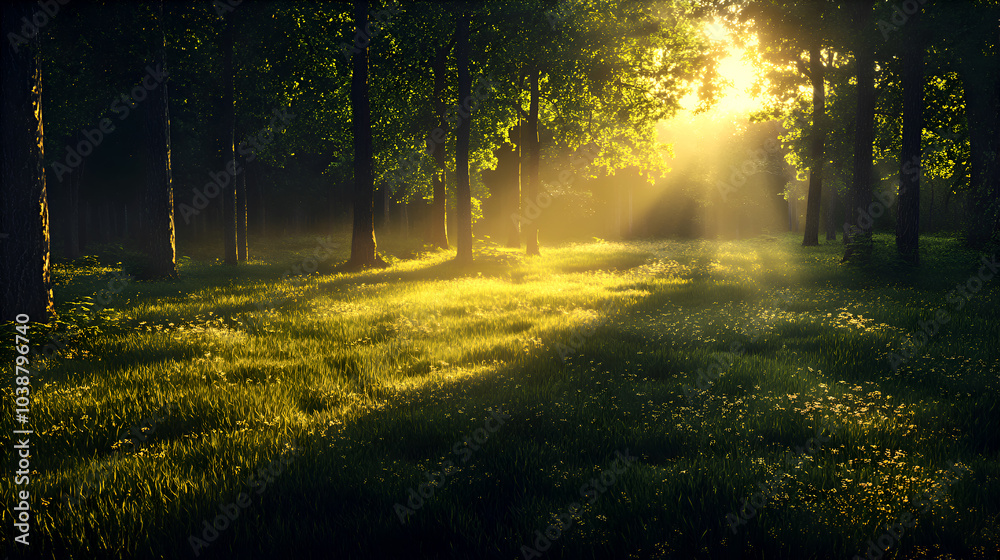 Sunlight shining through a lush green forest, creating a serene atmosphere with dappled light on the grass Sunlight shining through a lush green forest, creating a serene atmosphere with dappled light on the grass