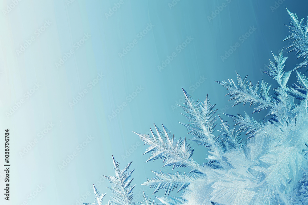 Obraz premium Delicate frost crystals create intricate patterns on surfaces, shimmering beautifully in the chilly morning light, set against a calming blue sky
