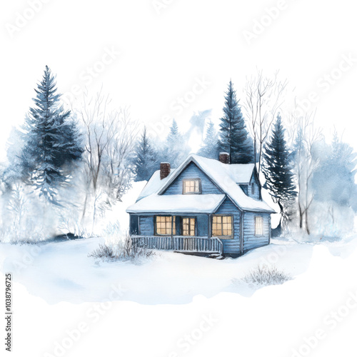 A snow-covered cabin in a winter forest, watercolor painting, soft blues and whites, cozy glow, isolated on white background