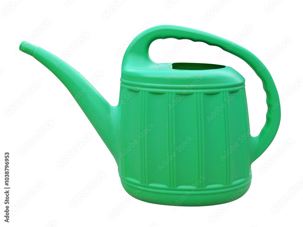 Front view of green recycled plastic watering can isolated on white background. Plastic container for watering modern design plants Front view of green recycled plastic watering can isolated on white background. Plastic container for watering modern design plants