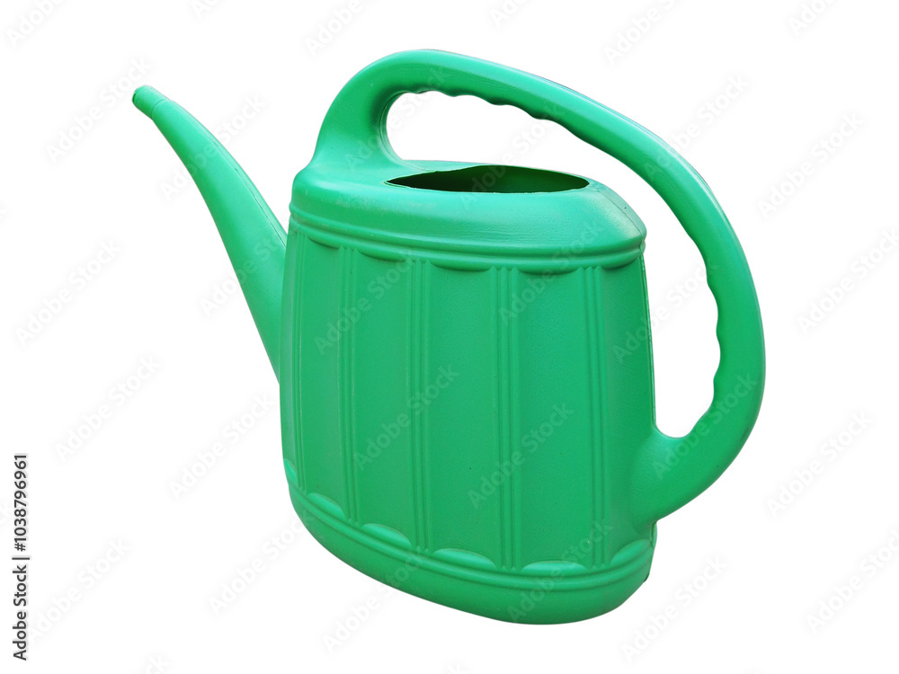 Front view of green recycled plastic watering can isolated on white background. Plastic container for watering modern design plants Front view of green recycled plastic watering can isolated on white background. Plastic container for watering modern design plants