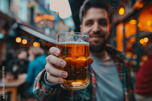 A man is holding a glass of beer and smiling