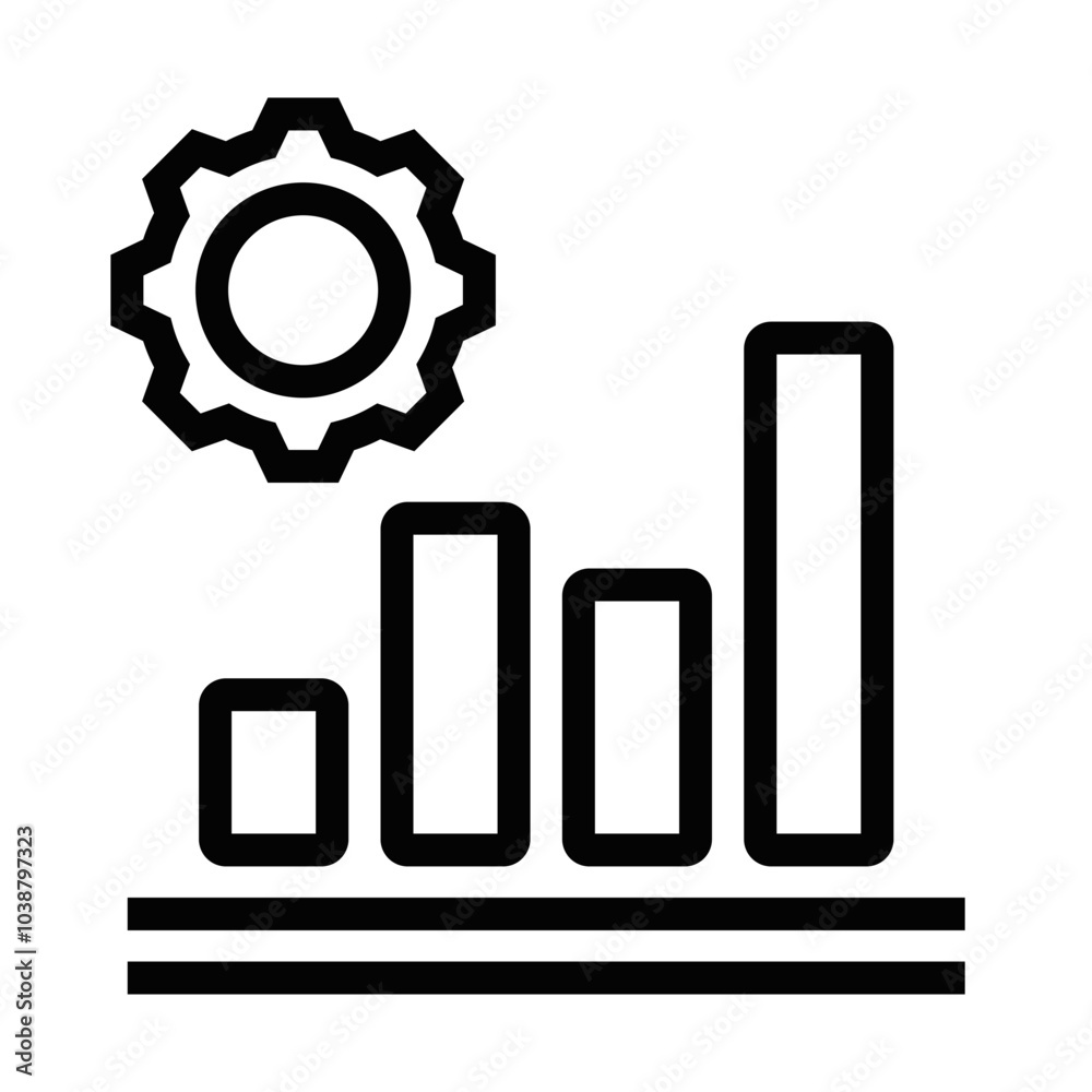 Minimalist vector icon of a bar graph with a gear, symbolizing data analysis, progress, and system improvement. Editable stroke. Minimalist vector icon of a bar graph with a gear, symbolizing data analysis, progress, and system improvement. Editable stroke.