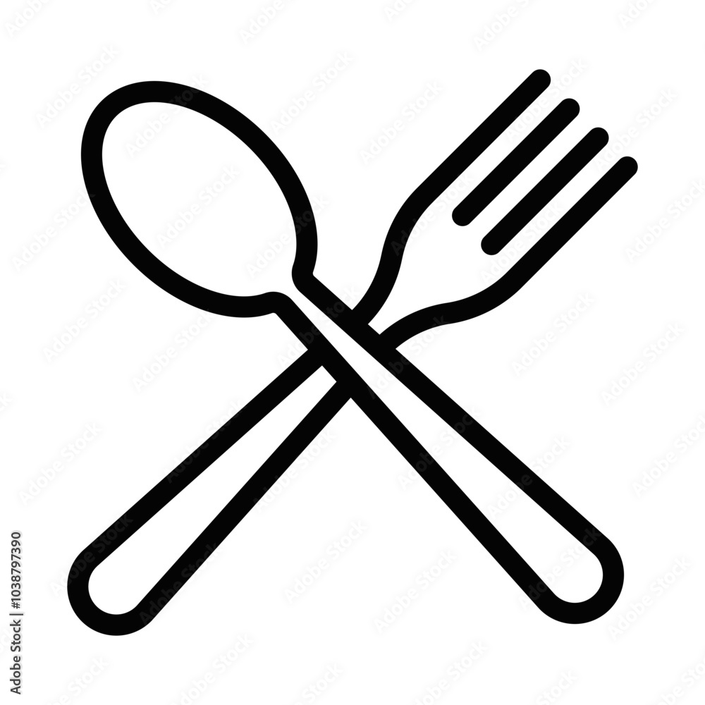 Minimalist vector icon of a crossed spoon and fork, representing food, dining, or cooking themes. Editable stroke. Minimalist vector icon of a crossed spoon and fork, representing food, dining, or cooking themes. Editable stroke.