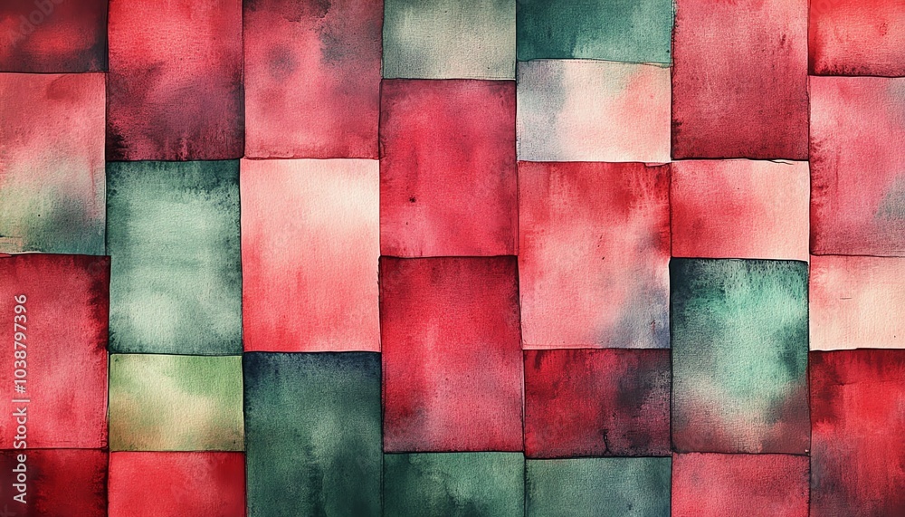 Fototapeta premium A vibrant abstract watercolor pattern featuring bold squares in red, green, and pink tones, perfect for artistic projects.