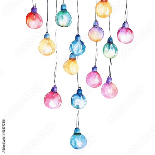 A string of colorful Christmas lights, watercolor design, glowing festive tones, isolated on white background