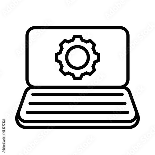 Simple vector icon of a laptop displaying a gear, representing digital systems, technology management, and configuration. Editable stroke.