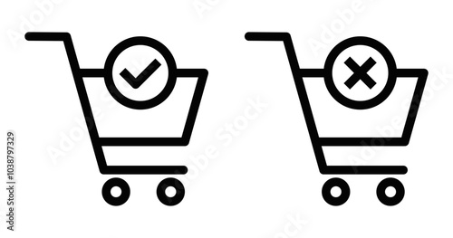 Simple vector icon of two shopping carts, one with a checkmark and the other with a cross, representing purchasing decisions or acceptance and rejection. Editable stroke.