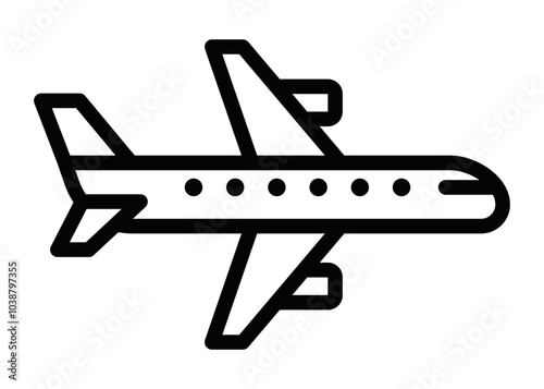 Minimalist vector icon of an airplane, representing travel, aviation, and transportation services. Editable stroke.